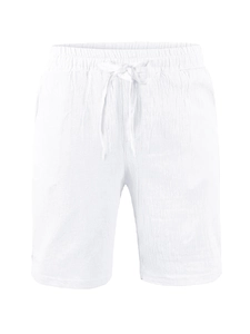 Detailed texture of white linen cotton shorts with elastic drawstring waistband