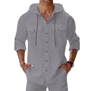 Men's casual grey linen long sleeve hooded shirt with chest pockets and drawstring
