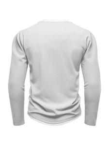 Detail of light grey men's waffle shirt with breathable mesh fabric and layered white hem