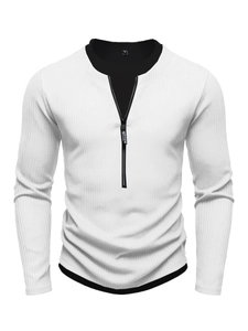 Detail of white ribbed knit shirt showing Henley zipper collar and black inner stand collar