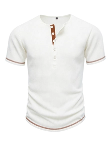 Close-up of white waffle knit Henley shirt with four-button placket and brown trim