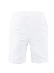 Detail view of white cotton linen shorts showing elastic waistband and square back pocket