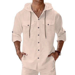 Men's casual beige linen hooded shirt with front flap pockets and long sleeves