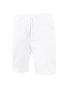 Detail of white cotton linen texture and elastic drawstring waistband on men's shorts
