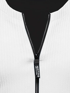 Detail of white ribbed knit collar with black zipper and sporting printed pull tab