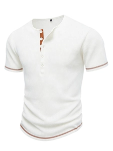 Detail of waffle knit fabric and brown contrast stitching on Henley collar T-shirt