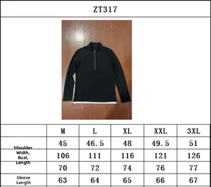 Detailed size chart for men's half-zip knit sweater with shoulder and chest dimensions