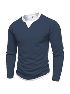 Detail of navy waffle knit long sleeve T-shirt with white double layer faux collar design