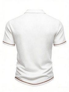 Detailed back view of white vertical ribbed knit polo shirt with brown contrast stitching