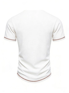 Detail of cream short sleeve T-shirt with vertical rib texture and contrast brown stitching
