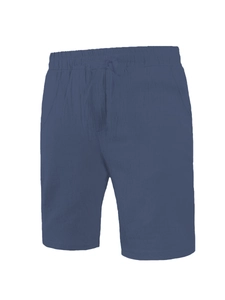 Detail of navy blue cotton linen shorts featuring an elastic waistband and drawstring cord