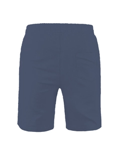 Detail view of elastic waistband and rear square pocket on navy cotton linen shorts