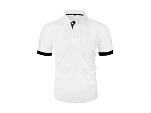 Detail of white waffle knit polo shirt with black contrast trim on collar and cuffs