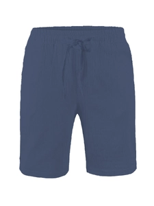 Detail of navy blue cotton linen shorts featuring elastic drawstring waist and texture