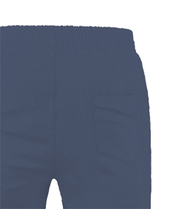 Detail of navy blue cotton shorts featuring an elastic waistband and back patch pocket