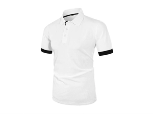 Close-up of white waffle texture polo shirt with black contrast collar and XXL label