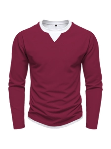 Detailed view of burgundy waffle texture fabric on men's layered long sleeve T-shirt