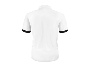 Rear view of white waffle knit polo shirt featuring black contrast trimmed cuffs