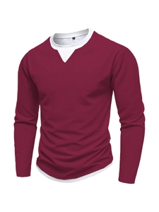 Detail of burgundy waffle knit men's sweatshirt featuring a white double-layer faux collar