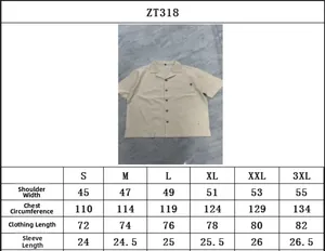 Size chart detail for men linen short sleeve casual beach shirt with pocket dimensions