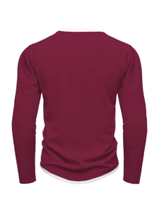 Detail view of burgundy waffle texture fabric and layered double-collar design for men