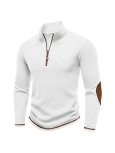 Detail of quarter-zip stand collar on men's cream ribbed knit sweater with brown accents