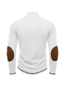 Detail view of white men's knit sweater back with brown elbow patches and contrast stitching