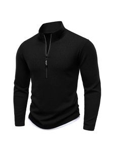 Detail of half-zip collar with Sporting engraving and ribbed knit texture on men's sweater