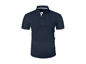 Macro shot of breathable dark blue waffle knit fabric and white trim on men's polo shirt