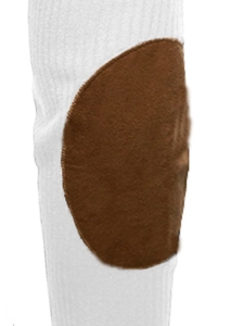 Detail of a brown suede oval patch with zigzag stitching on white ribbed knit fabric