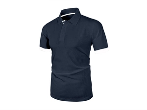 Close-up of navy waffle knit polo shirt showing contrast trim and detailed fabric texture
