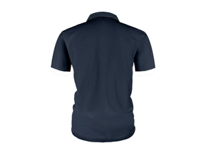 Close-up of navy waffle knit polo shirt showing textured fabric and white sleeve cuffs