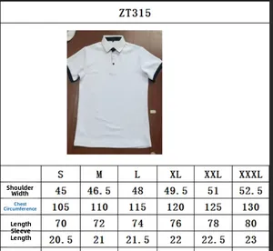 Detailed size chart for men's knit polo shirt showing shoulder, bust, and length measurements
