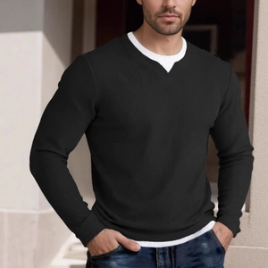Men Waffle Knit Long Sleeve T-Shirt Fake Two Piece Double Layer Collar Polyester Casual Sport Pullover Top