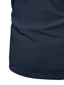 Close-up detail of dark navy men's polo shirt featuring breathable waffle knit texture