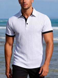 Detailed view of white knitted polo shirt fabric texture with black contrast collar