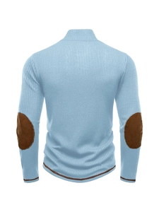Rear view of light blue quarter-zip pullover featuring brown elbow patches and ribbed texture
