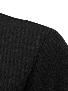 Close-up of ribbed knit texture and shoulder seam on a black men's casual polo shirt