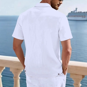 Men's loose white linen long sleeve shirt for beach vacation with a relaxed collar design