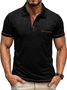Close-up of black polo shirt featuring brown contrast trim on collar and chest pocket