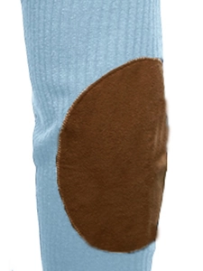 Detail view of the vintage brown suede elbow patches on a blue ribbed knit sweater