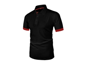 Detail view of black waffle knit polo shirt with red trim and visible XXL size label