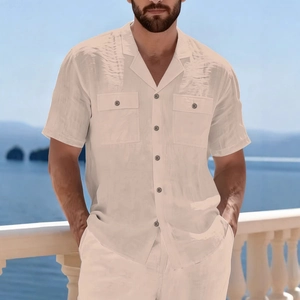 Men's casual linen short sleeve shirt with Cuban collar and dual pockets in beige
