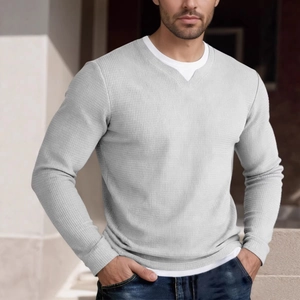 Men's light grey waffle texture long sleeve T-shirt with layered notch neck design