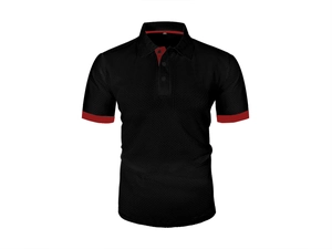 Detailed close-up of premium waffle texture fabric on a black men's polo shirt with red trim