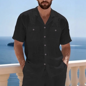 Men's black linen casual shirt with Cuban collar and dual pockets for beach vacations