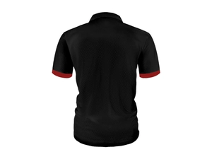 Detail of black ice silk Polo shirt with honeycomb texture and red tipped cuffs