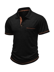 Detailed view of grey short-sleeved polo shirt with brown trim and 3D silhouette design