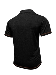 Detail view of charcoal gray men's polo shirt back with contrast red stitching on hem