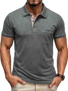 Detail of grey men's slim fit polo shirt with chest pocket and premium cotton texture